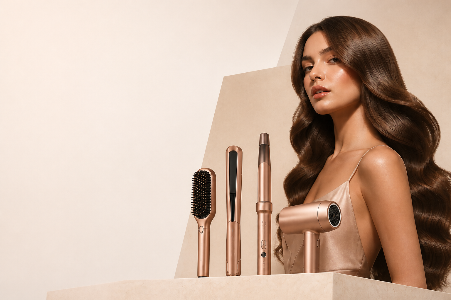 Suyaung rose-champagne styling tools and glossy styled hair