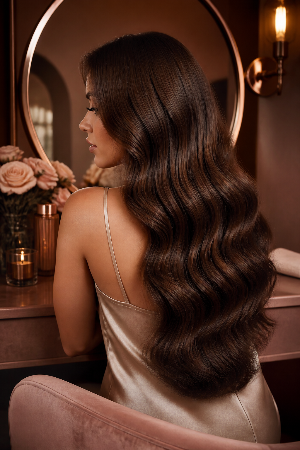 Woman seen from behind with long polished waves in a champagne salon